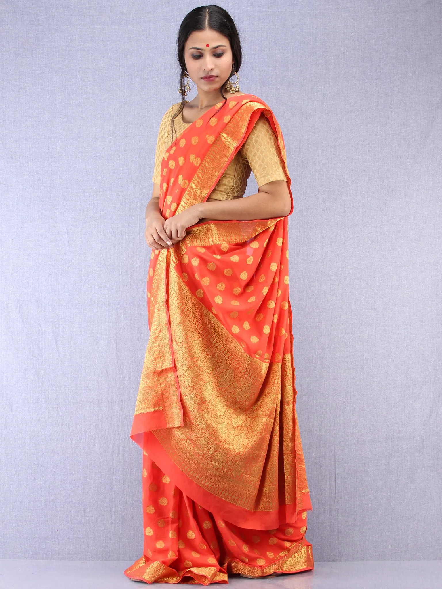 Banarasee Chiffon Saree With Golden Zari Weave - Coral & Gold - S031704356