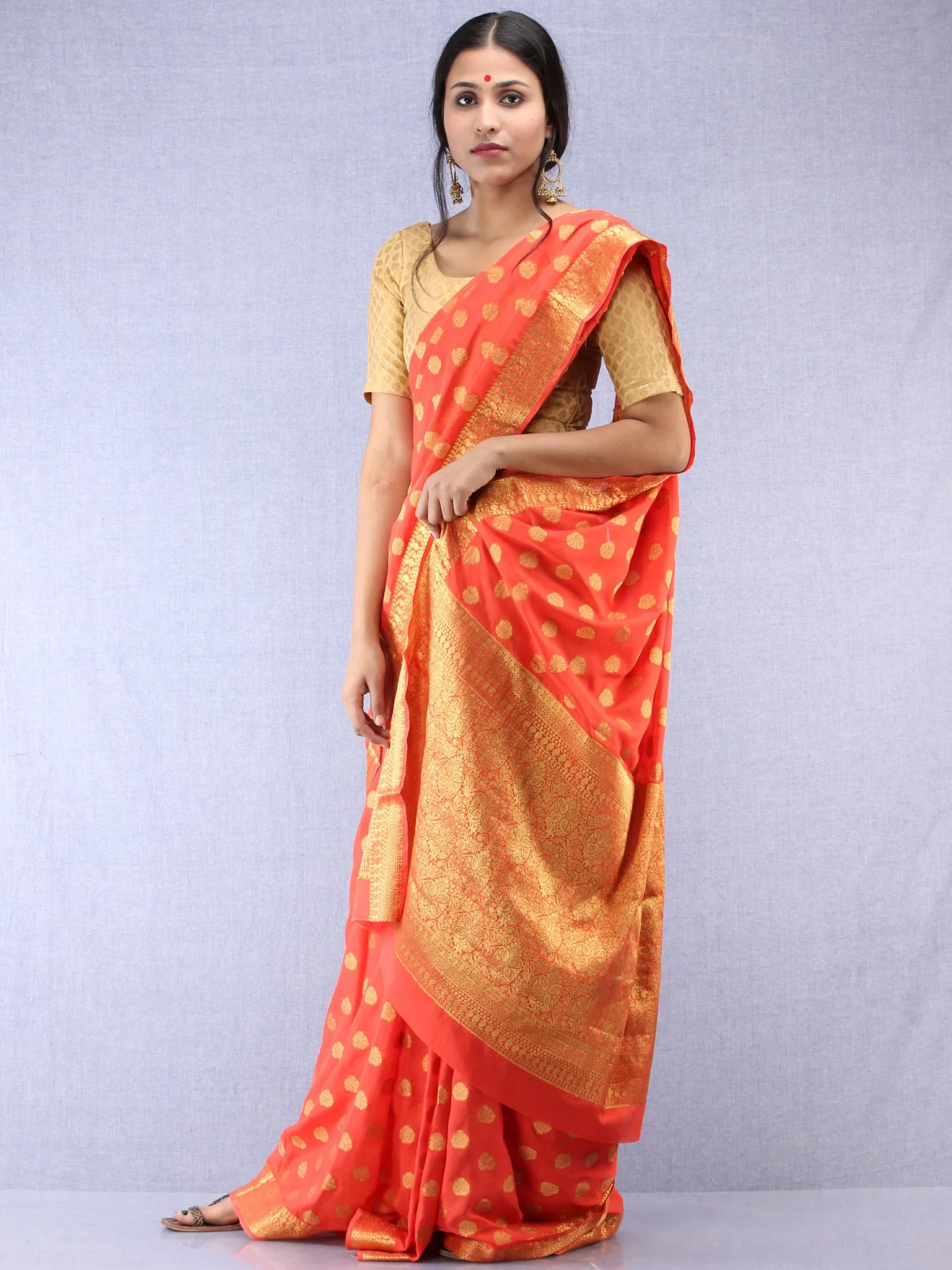 Banarasee Chiffon Saree With Golden Zari Weave - Coral & Gold - S031704356