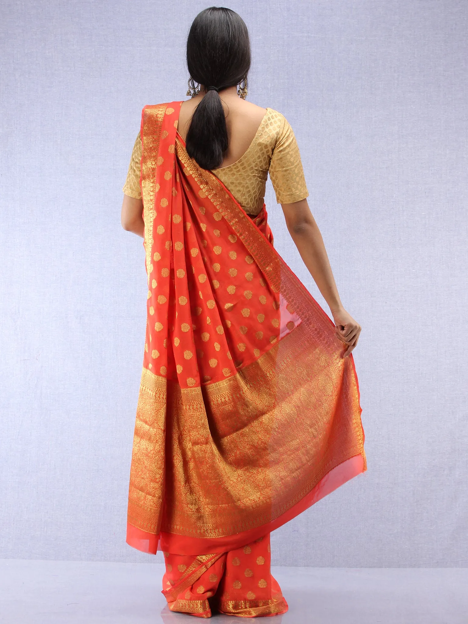 Banarasee Chiffon Saree With Golden Zari Weave - Coral & Gold - S031704356