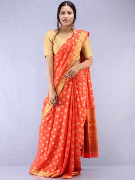 Banarasee Chiffon Saree With Golden Zari Weave - Coral & Gold - S031704356