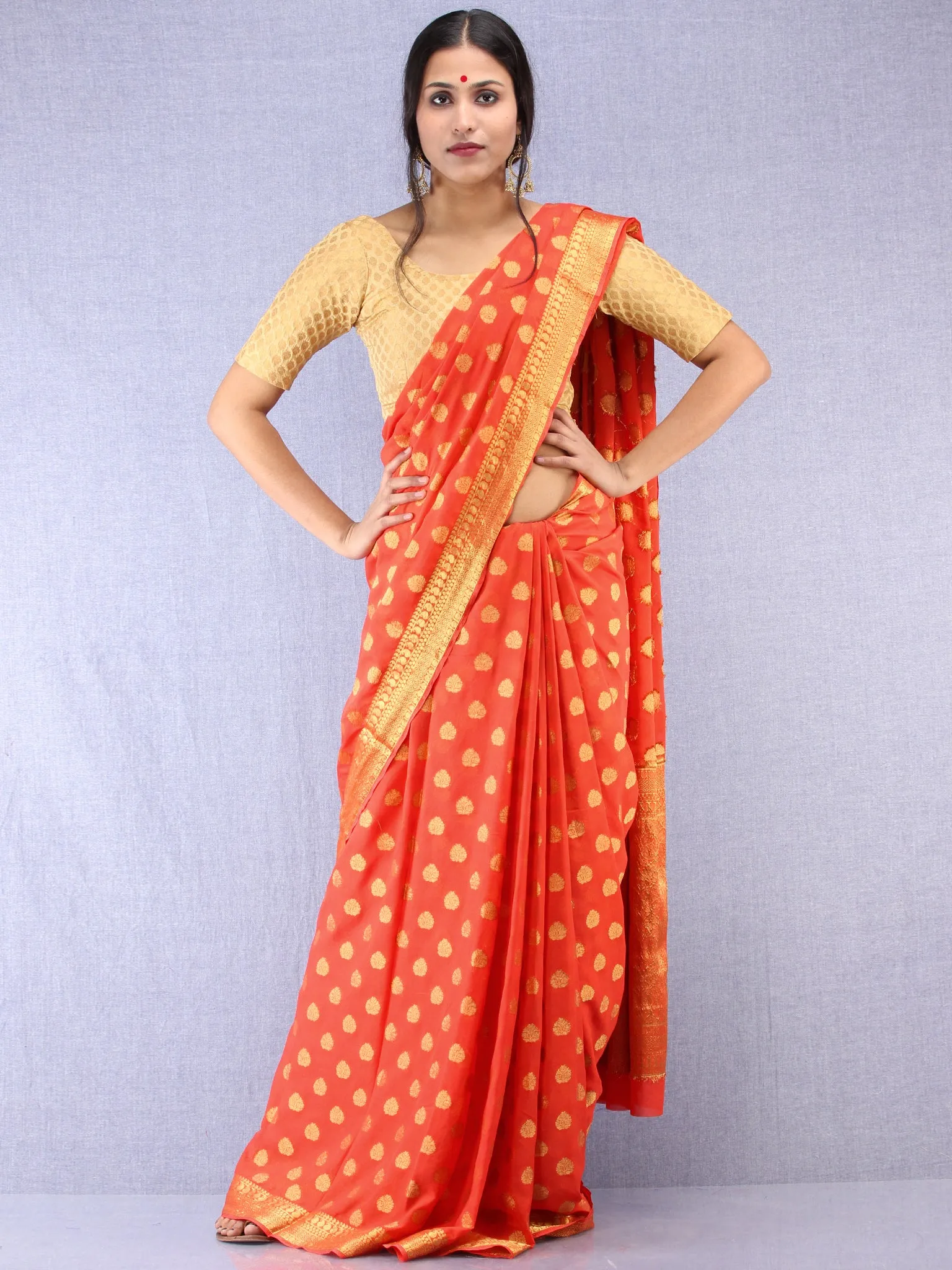 Banarasee Chiffon Saree With Golden Zari Weave - Coral & Gold - S031704356