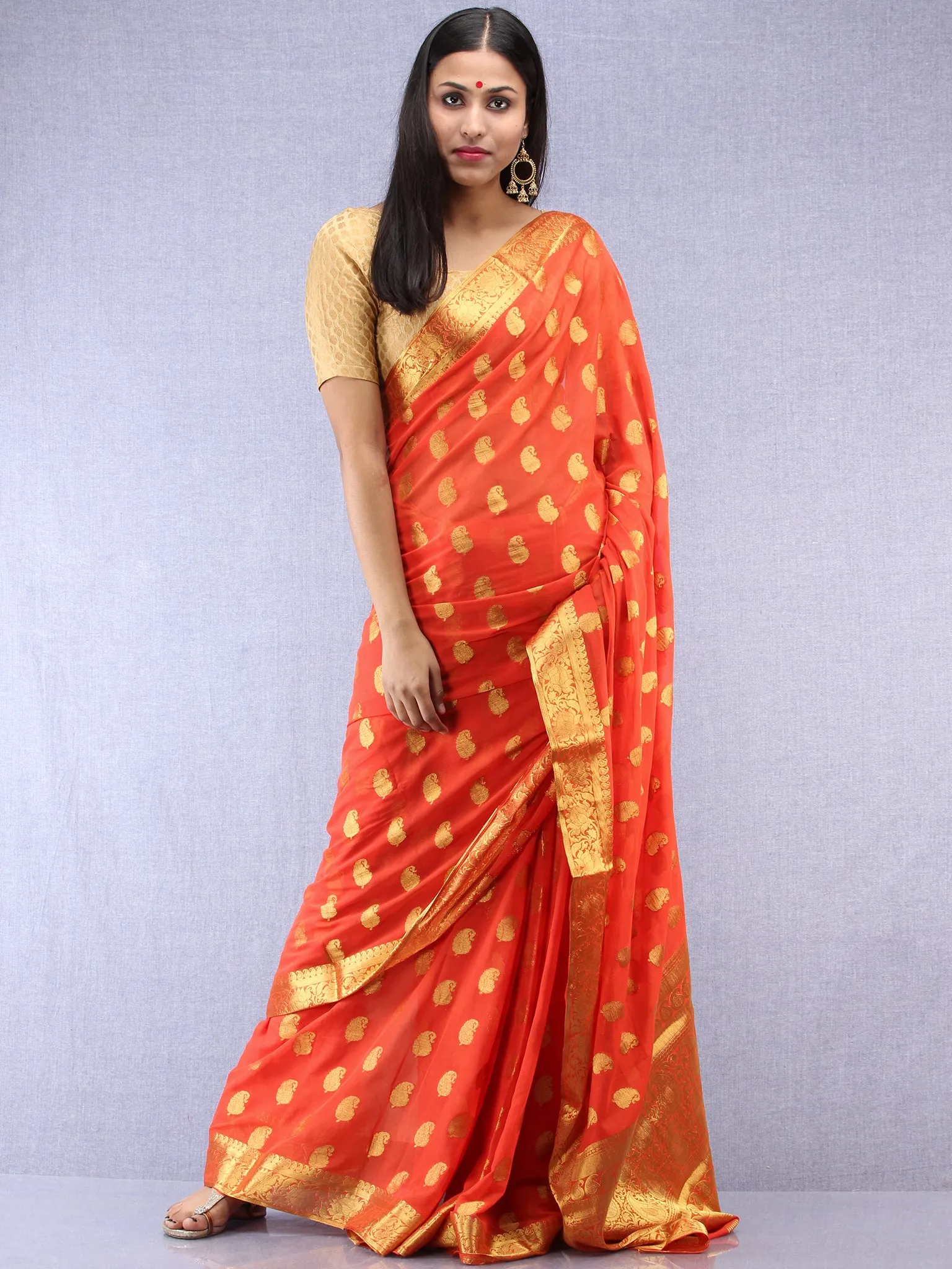 Banarasee Chiffon Saree With Golden Zari Weave - Coral & Gold - S031704402