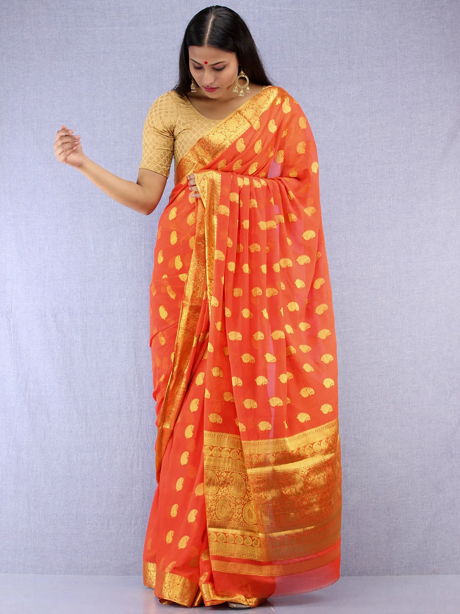 Banarasee Chiffon Saree With Golden Zari Weave - Coral & Gold - S031704402