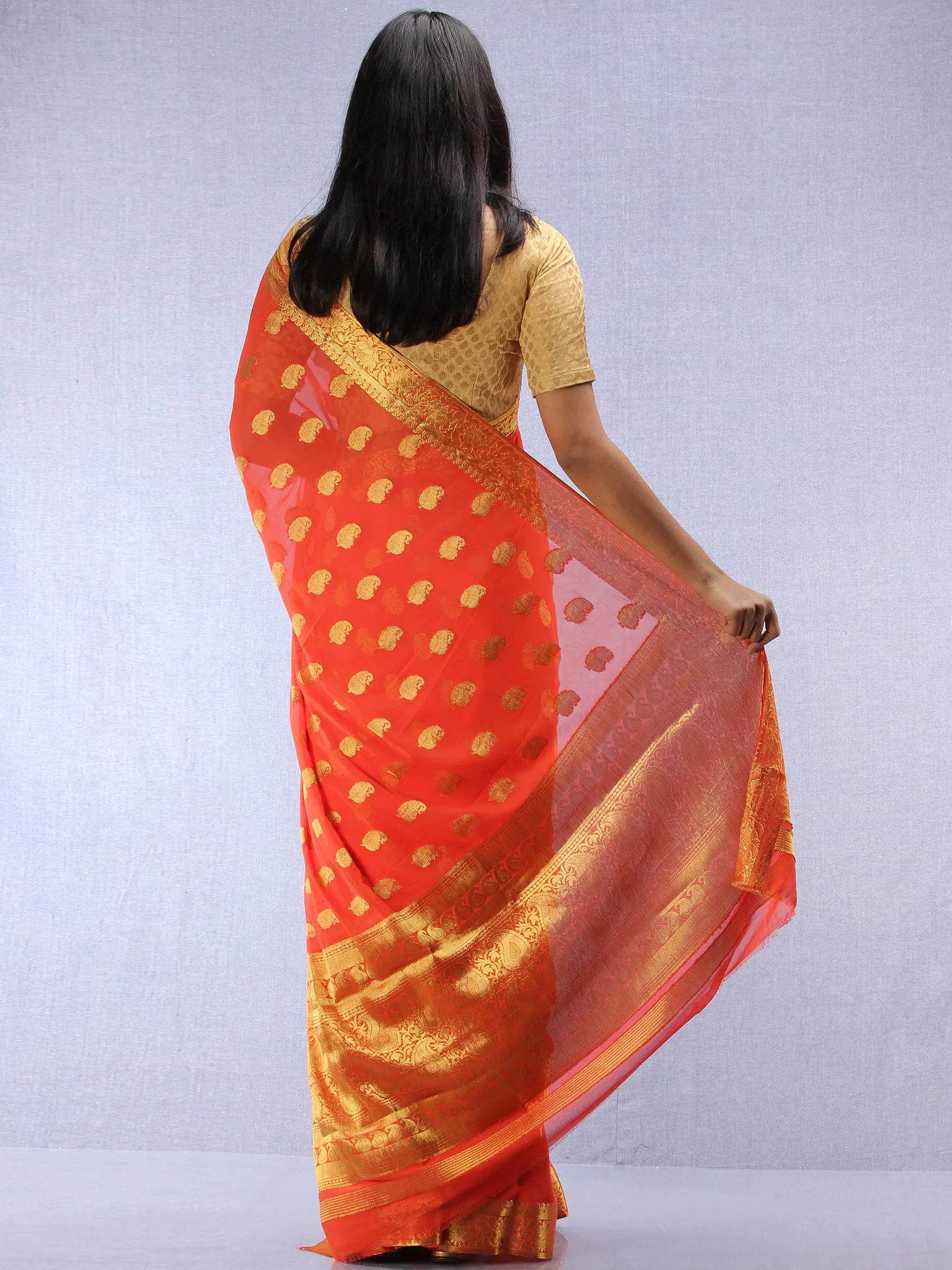 Banarasee Chiffon Saree With Golden Zari Weave - Coral & Gold - S031704402