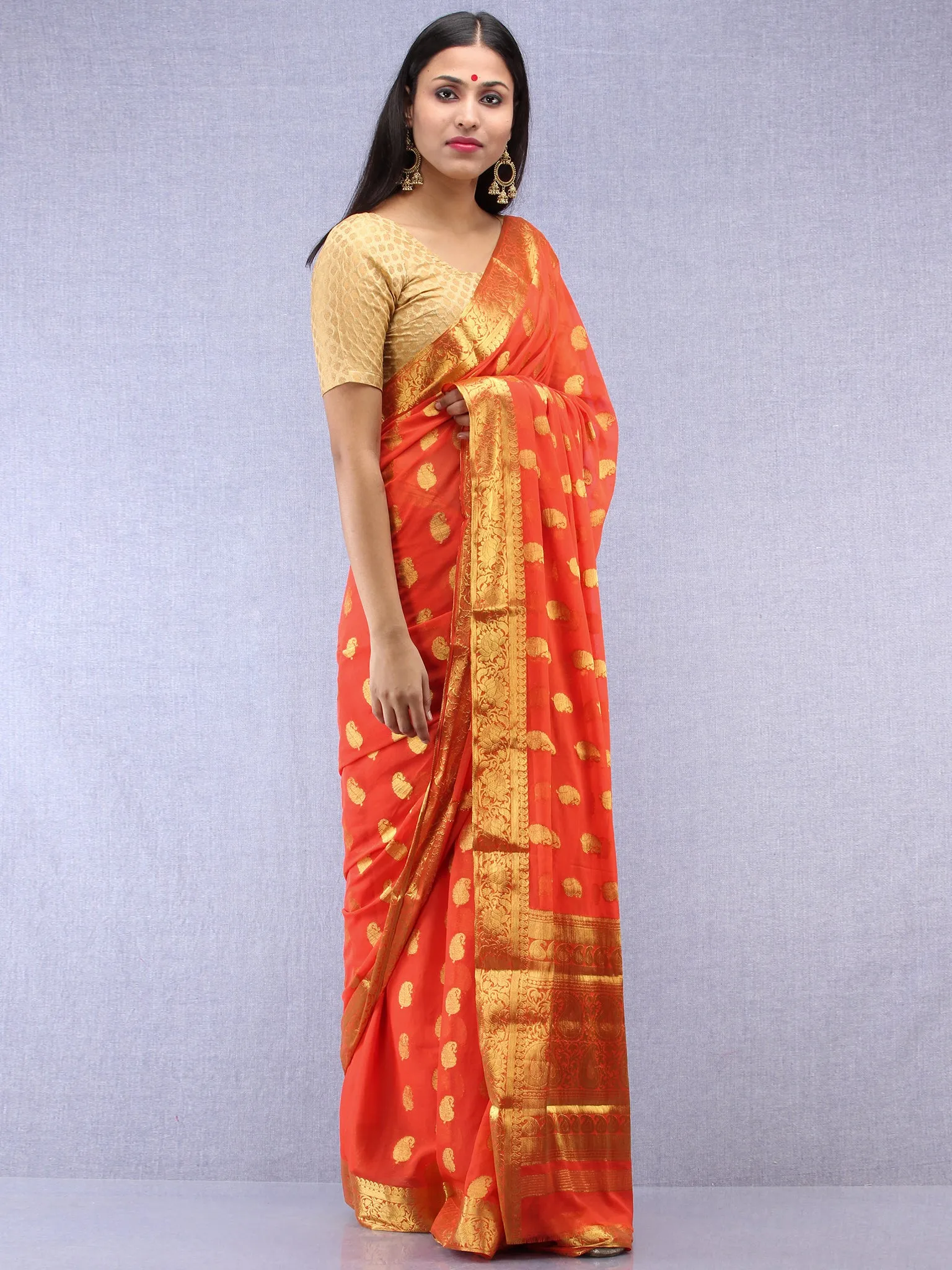 Banarasee Chiffon Saree With Golden Zari Weave - Coral & Gold - S031704402