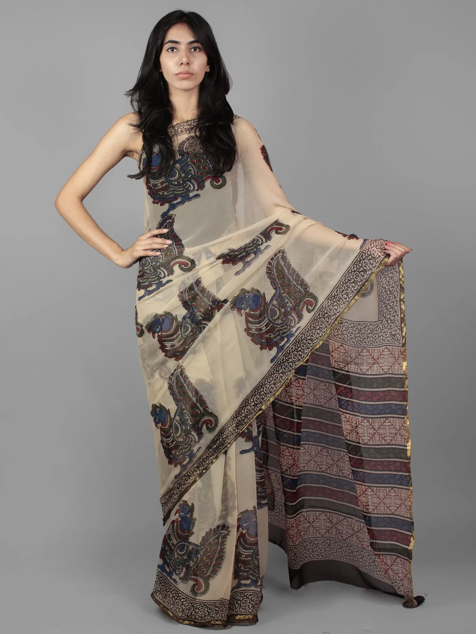 Beige Black Maroon Green Hand Block Printed Chiffon Saree - S031701900