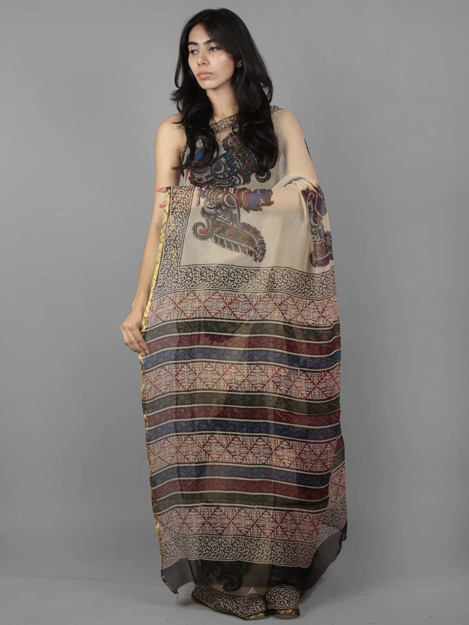 Beige Black Maroon Green Hand Block Printed Chiffon Saree - S031701900