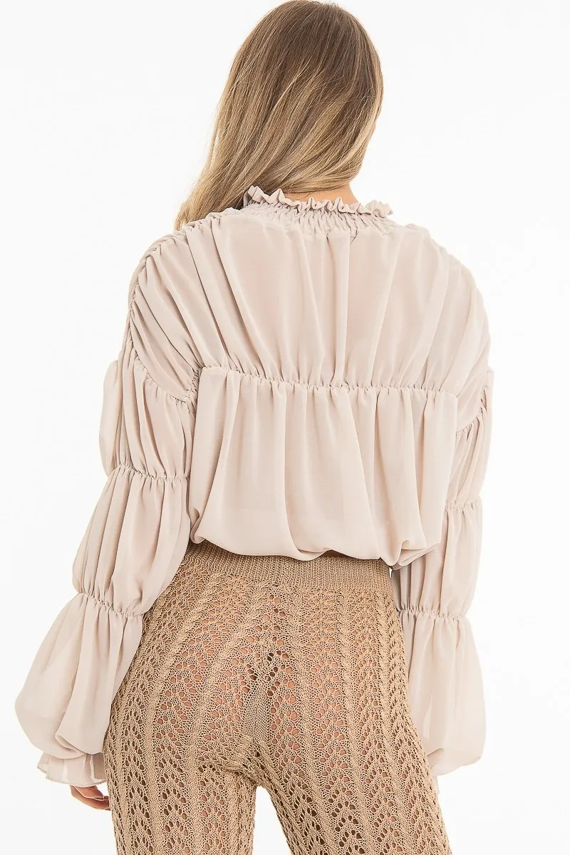 Beige Chiffon Balloon Sleeve Crop Tie Front Blouse - Amelia