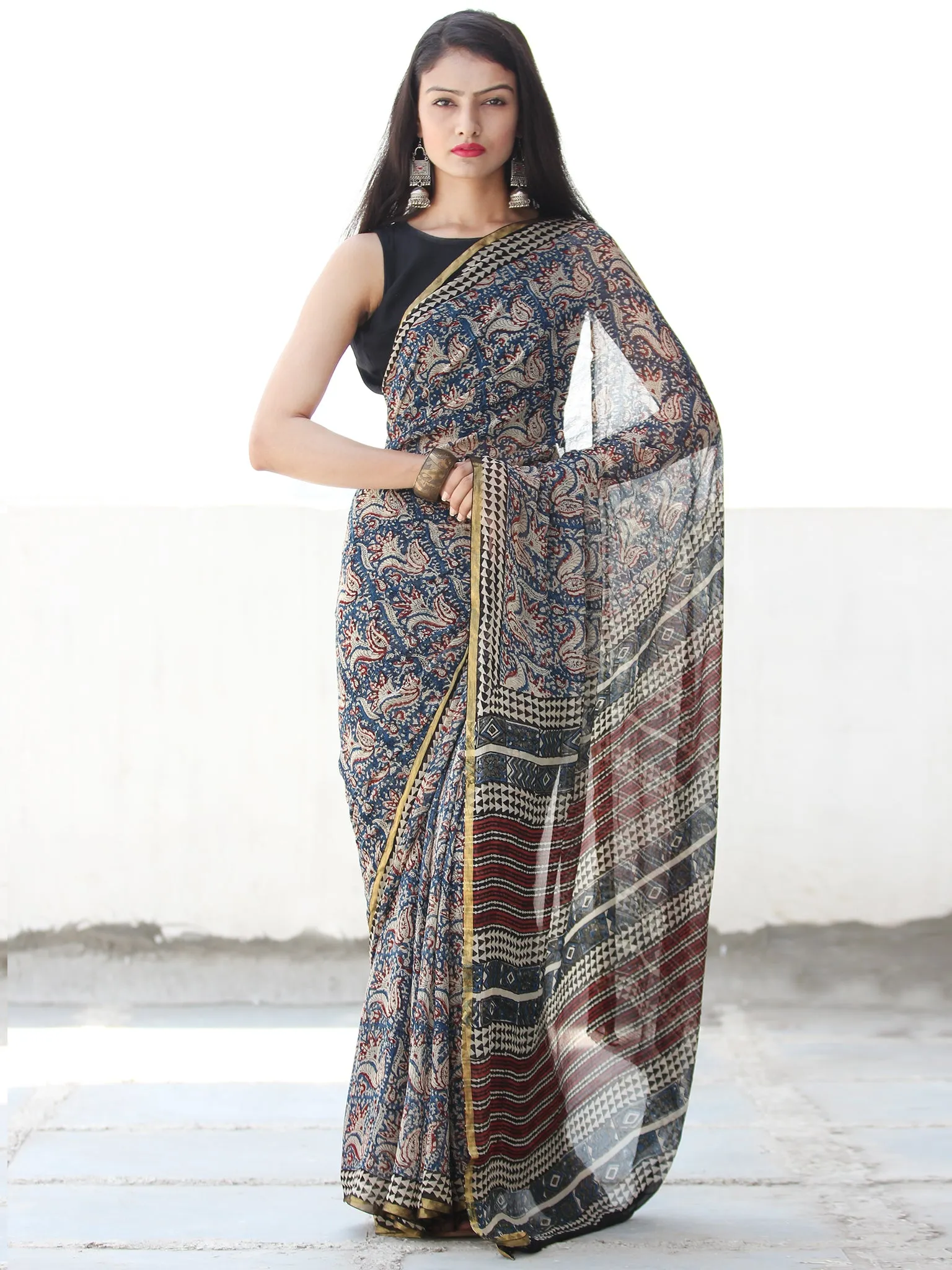 Beige Red Blue Hand Block Printed Chiffon Saree with Zari Border - S031703911