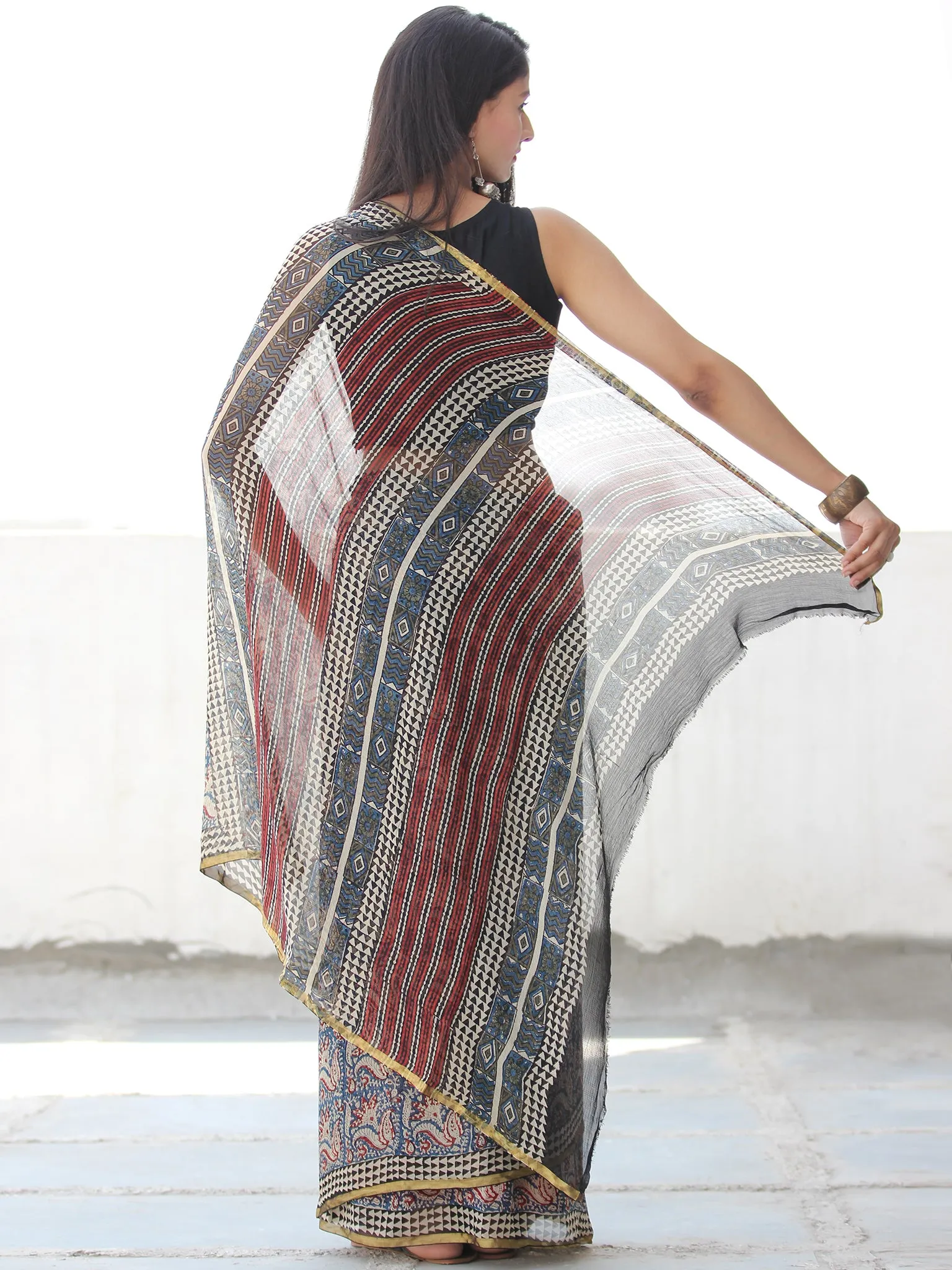 Beige Red Blue Hand Block Printed Chiffon Saree with Zari Border - S031703911