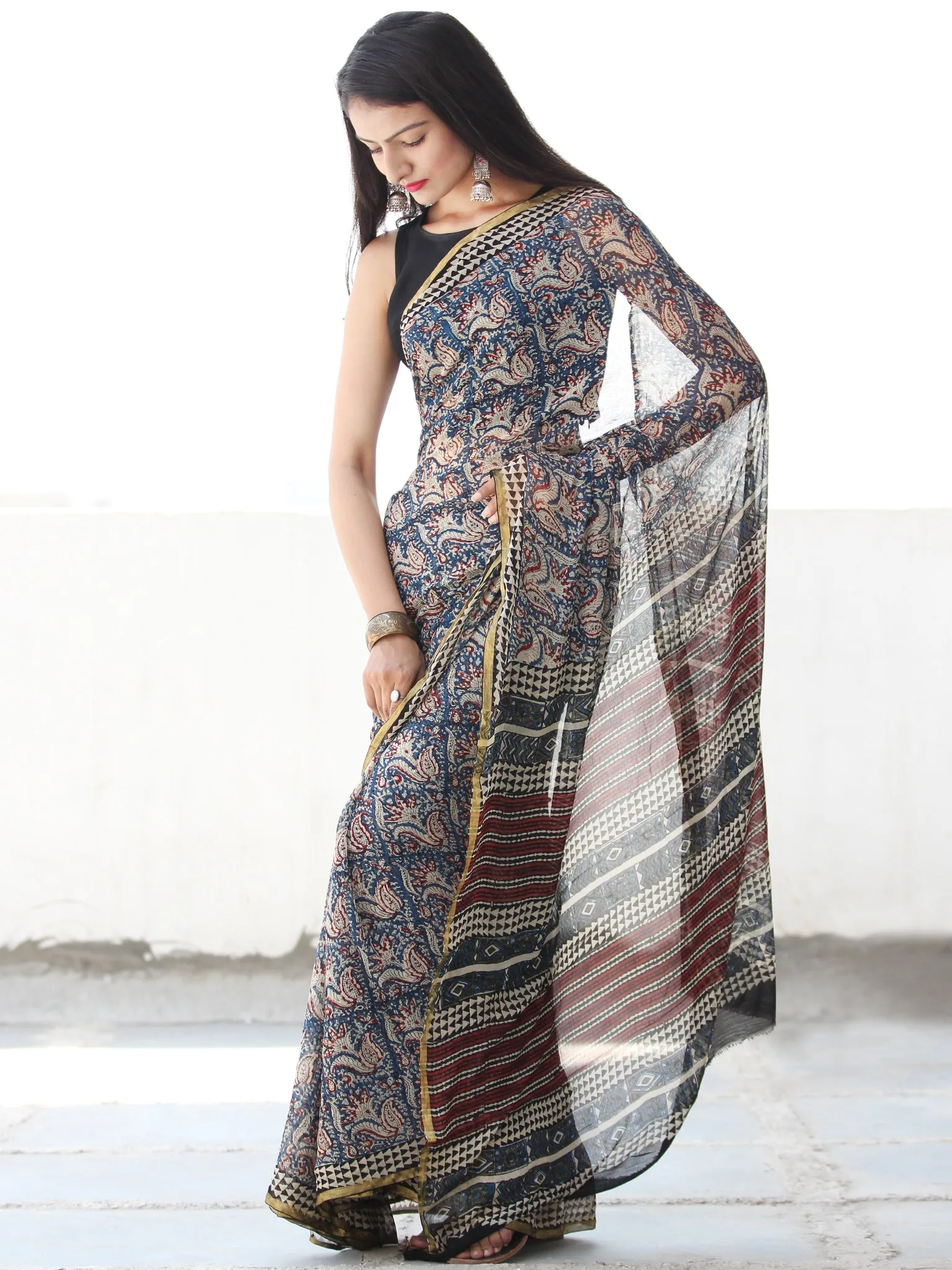 Beige Red Blue Hand Block Printed Chiffon Saree with Zari Border - S031703911