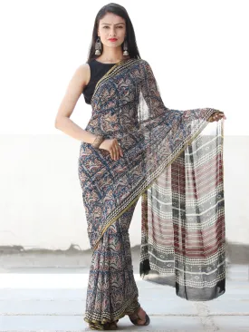 Beige Red Blue Hand Block Printed Chiffon Saree with Zari Border - S031703911