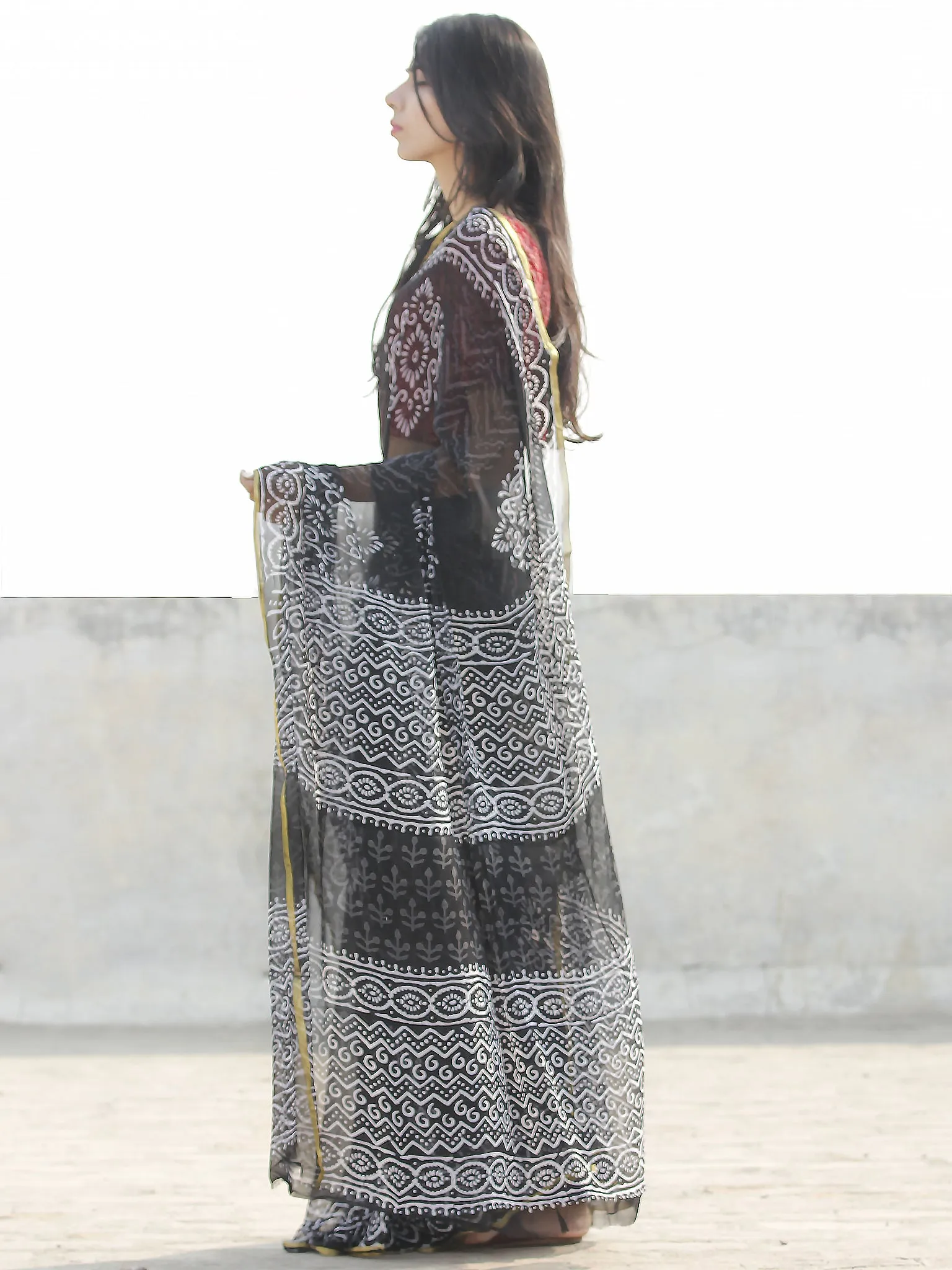 Black & White Hand Block Printed Chiffon Saree with zari border- S031702668