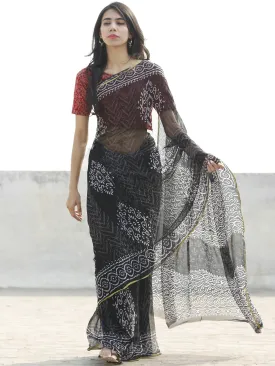 Black & White Hand Block Printed Chiffon Saree with zari border- S031702668