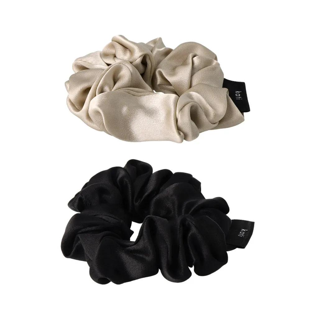 Black and Beige Silk Scrunchie Set