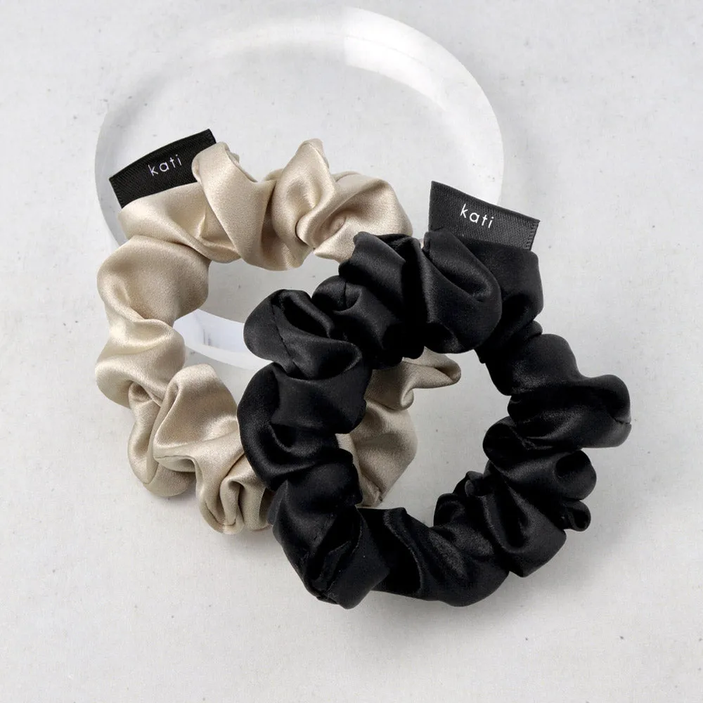 Black and Beige Silk Scrunchie Set