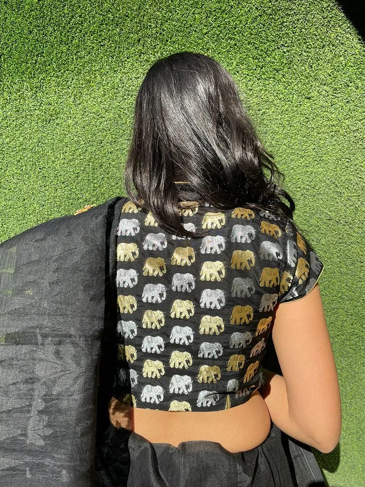 Black Banarasi Silk Potli Botton Padded Sona Roopa Elephant Design Blouse