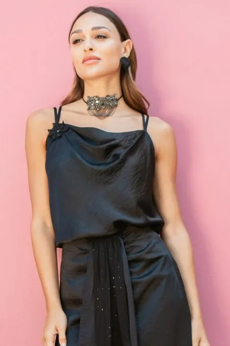 Black Embroidered Cowl Top