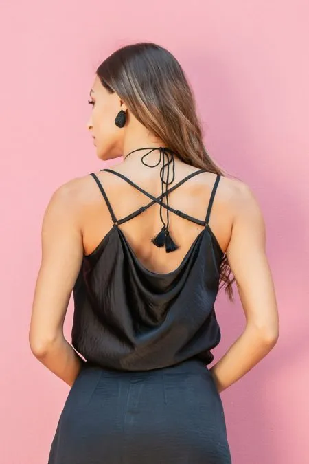 Black Embroidered Cowl Top