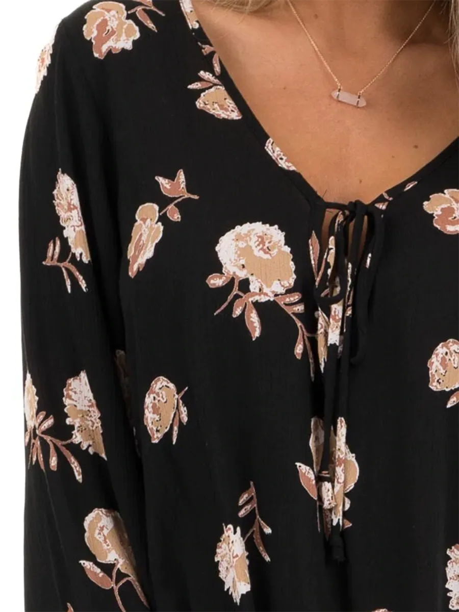 Black Floral Print Tunic Top with Long Sleeves and Front Tie