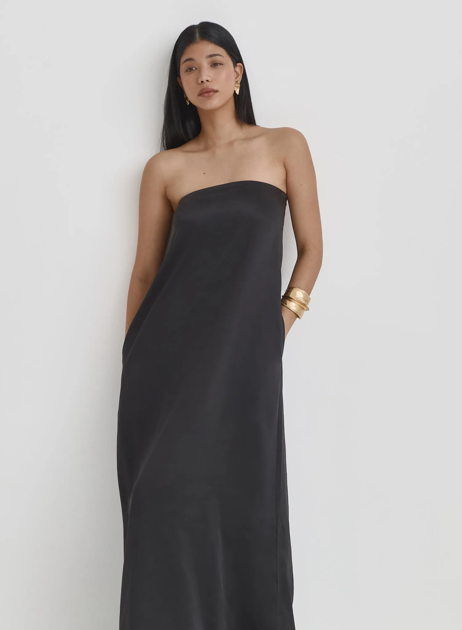 Black Satin Bandeau Maxi Dress- Meggan