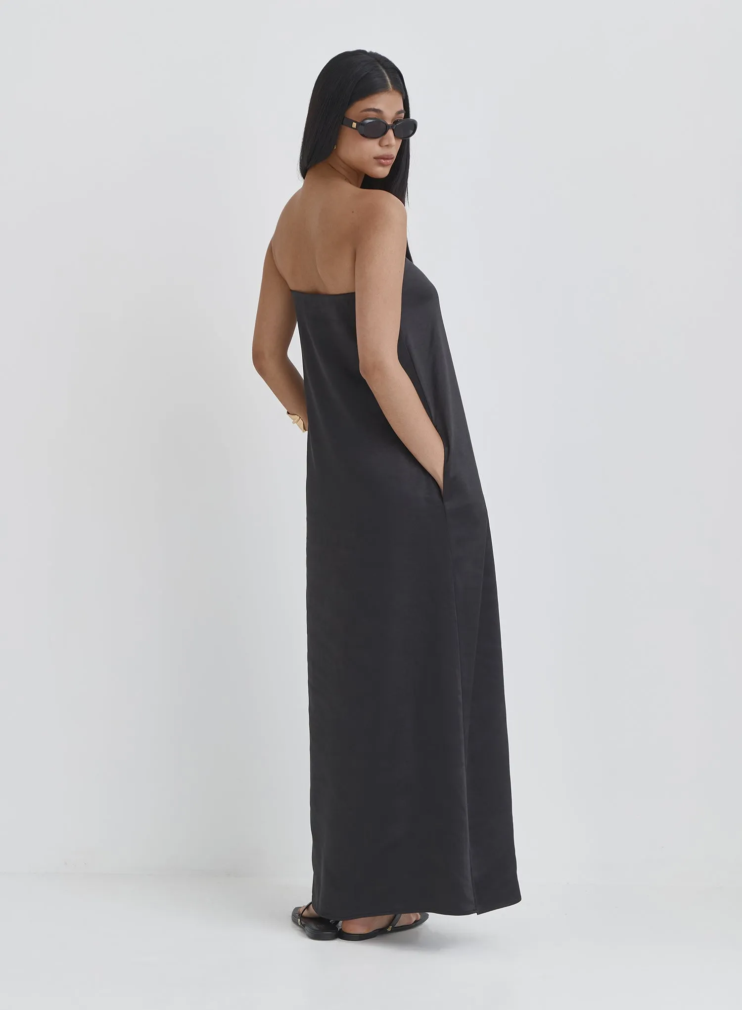 Black Satin Bandeau Maxi Dress- Meggan