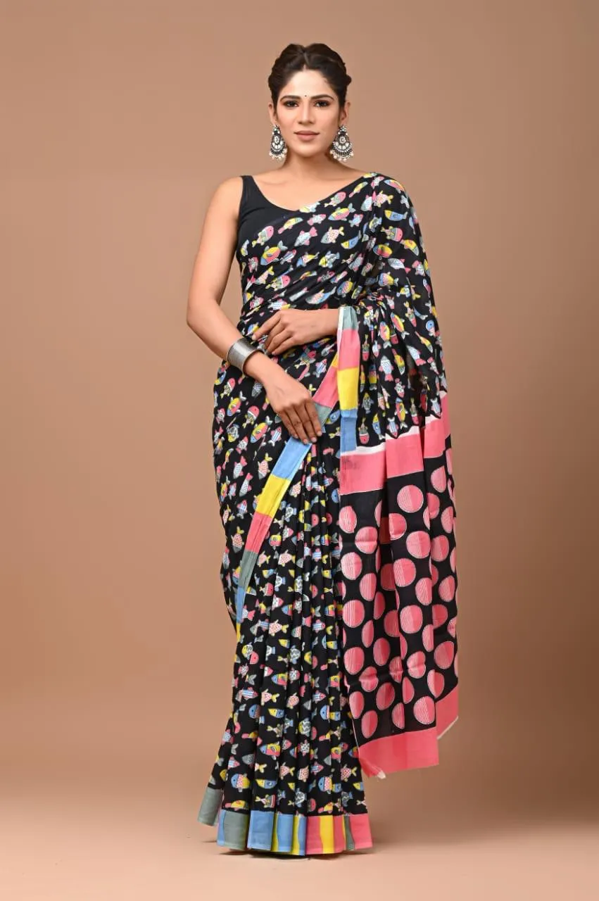 Black with Multicolor Fun Trending Hand Block Print MulMul Cotton Saree