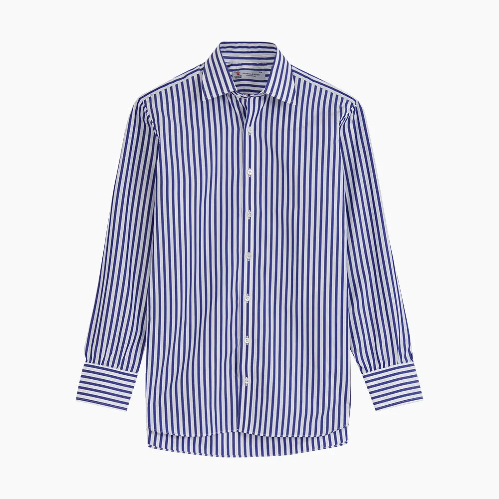 Blue and White Wide Stripe Shirt with T&A Collar and 3-Button Cuffs