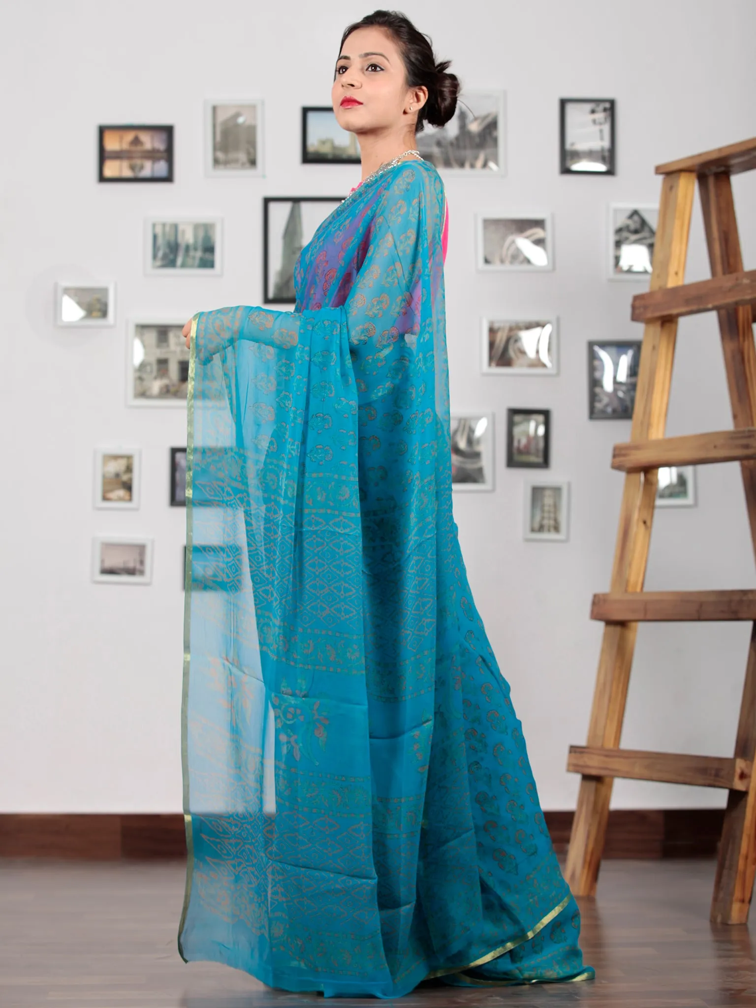 Blue Mustard Hand Block Printed Chiffon Saree with Zari Border - S031702755