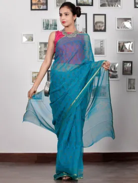 Blue Mustard Hand Block Printed Chiffon Saree with Zari Border - S031702755