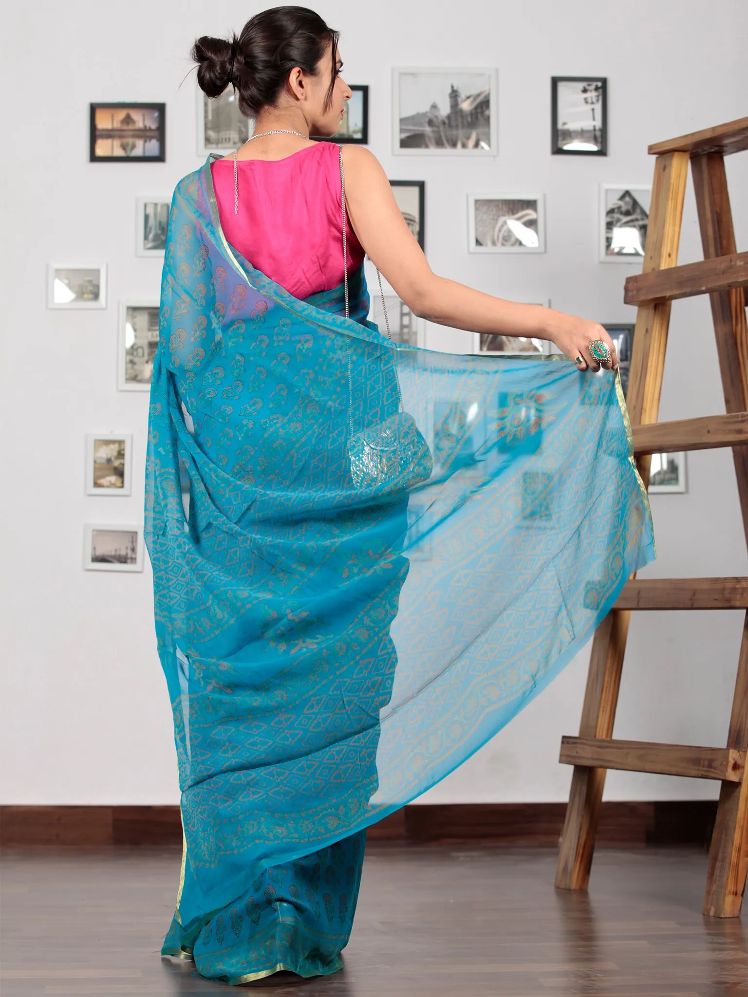 Blue Mustard Hand Block Printed Chiffon Saree with Zari Border - S031702755