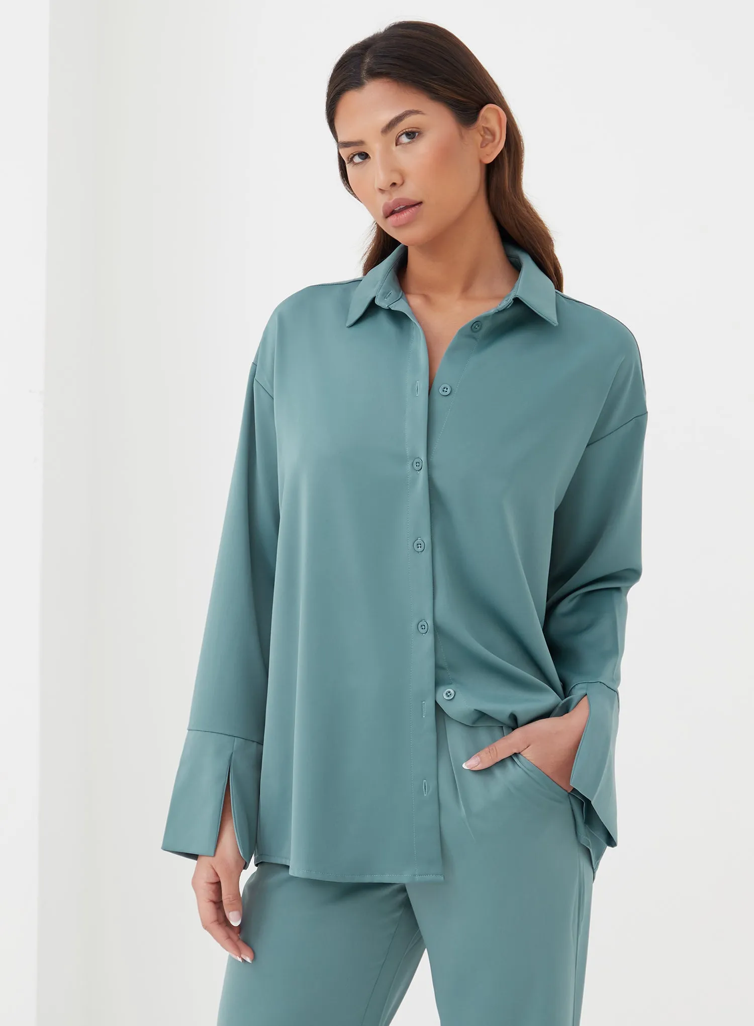 Blue Split Cuff Satin Shirt - Elina