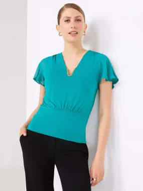 Chiffon Flutter Sleeve Top With Metal Detail