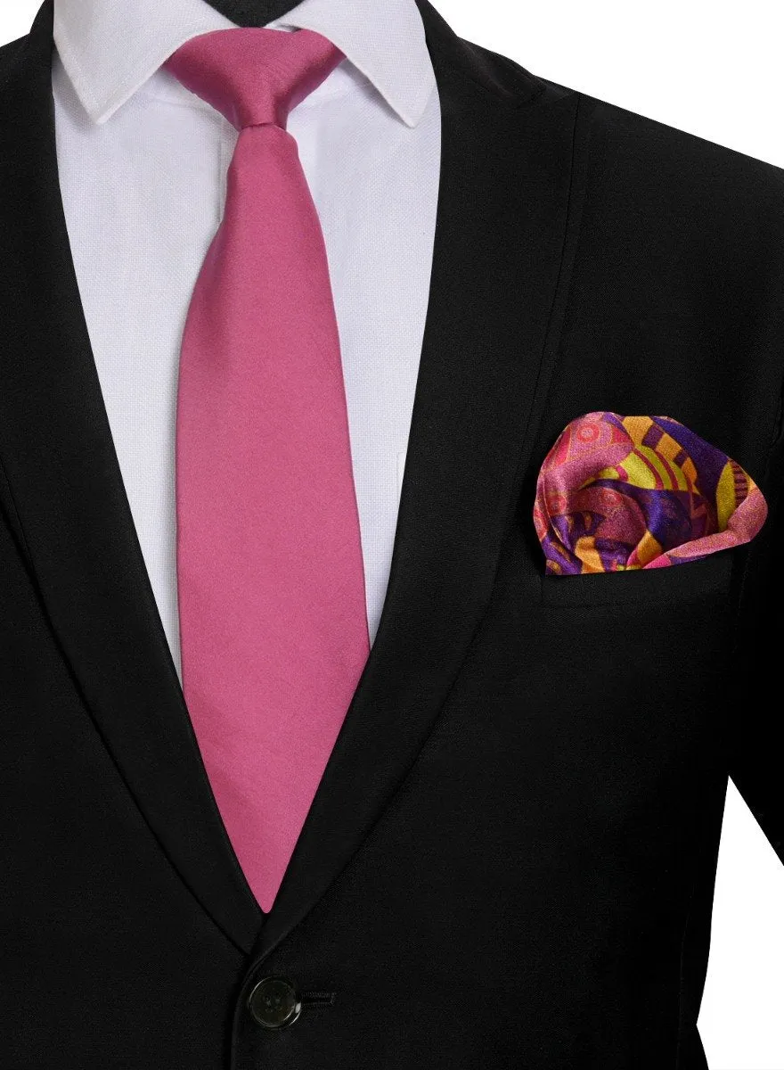 Chokore Pink color silk tie & Magenta & Orange Pure Silk Pocket Square set