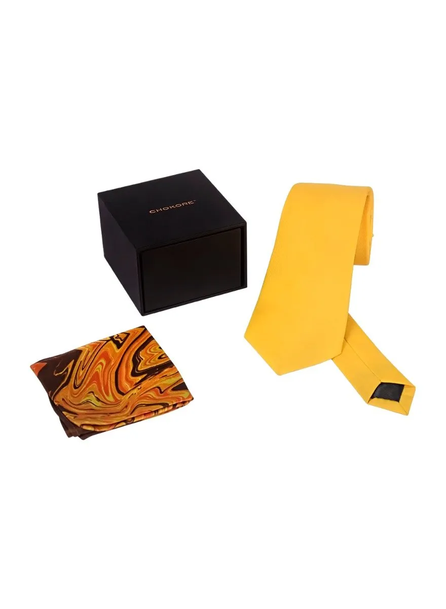 Chokore Plain Yellow Color Silk Tie & Choc Brown & Orange Silk Pocket Square from the Marble Design range set