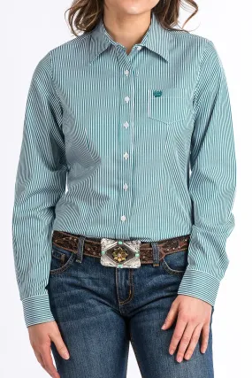 CINCH WOMENS TENCEL TEAL AND WHITE STRIPE BUTTON-UP SHIRT STYLE MSW9164088