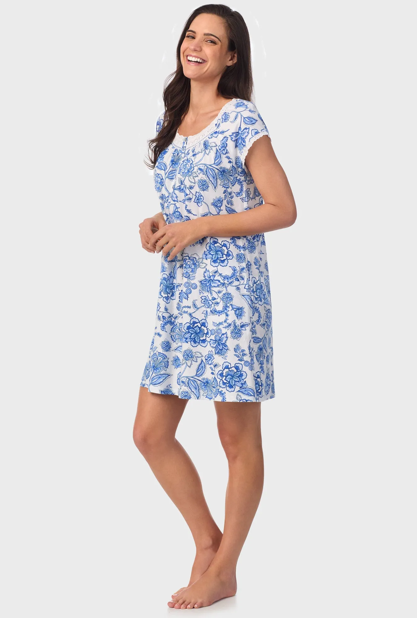 Cobalt Blue Floral Vine Cap Sleeve Nightshirt