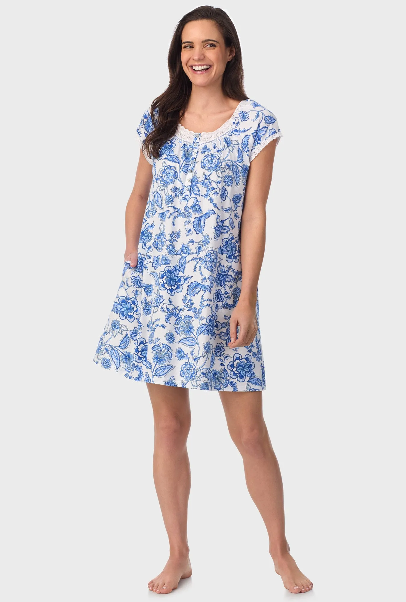 Cobalt Blue Floral Vine Cap Sleeve Nightshirt