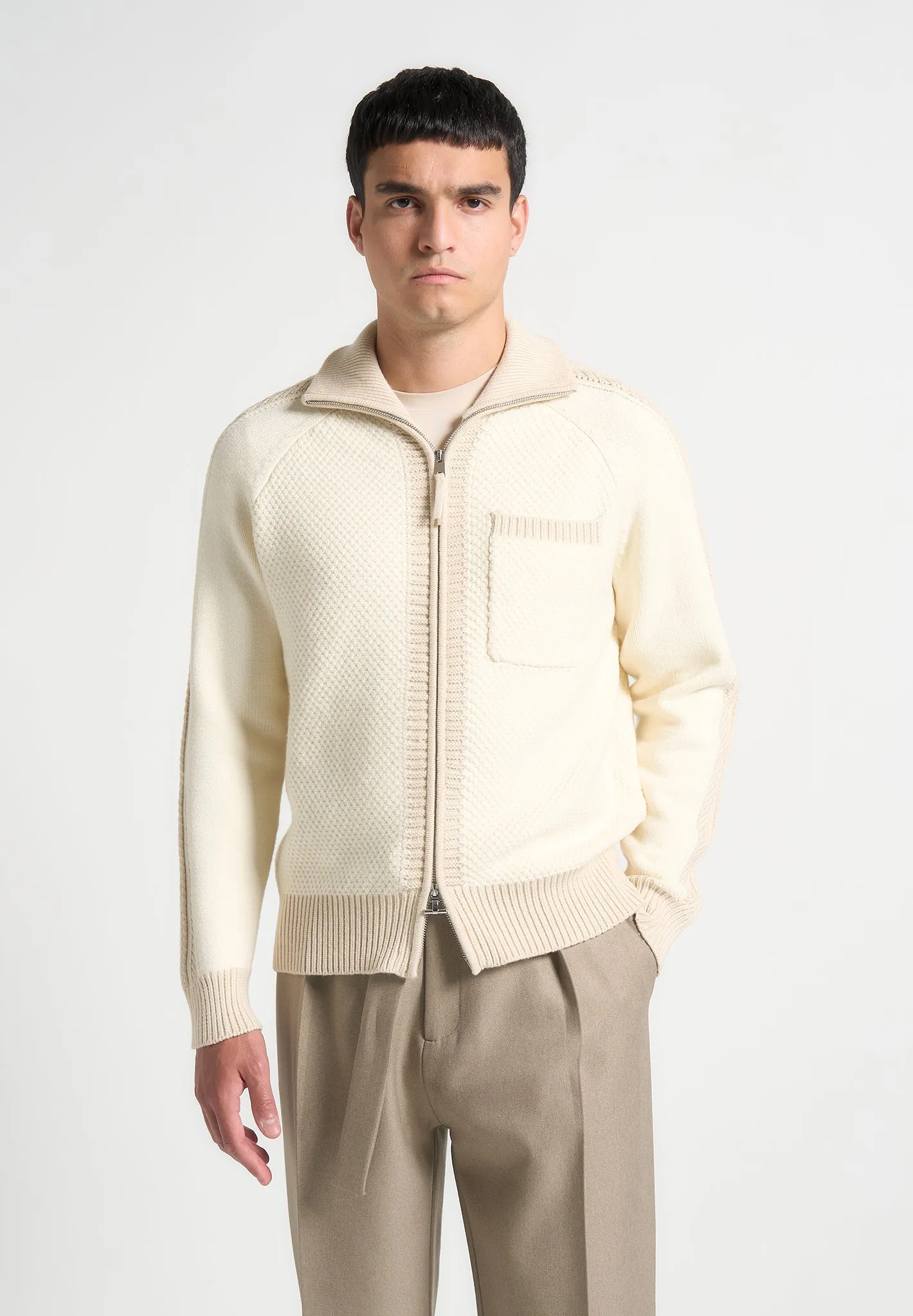 Colour Block Zip Through Cardigan - Cream