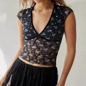 Contrast Trimmed Bow Knot Mesh Black Lace Belly Crop Top