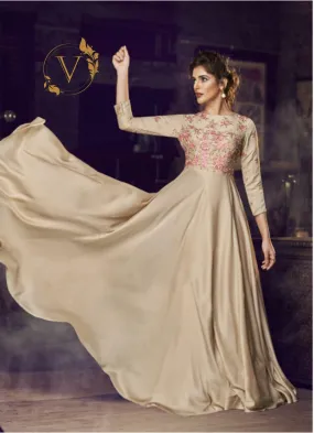 Cream Readymade Floral Embroidered Satin Long Gown With Dupatta