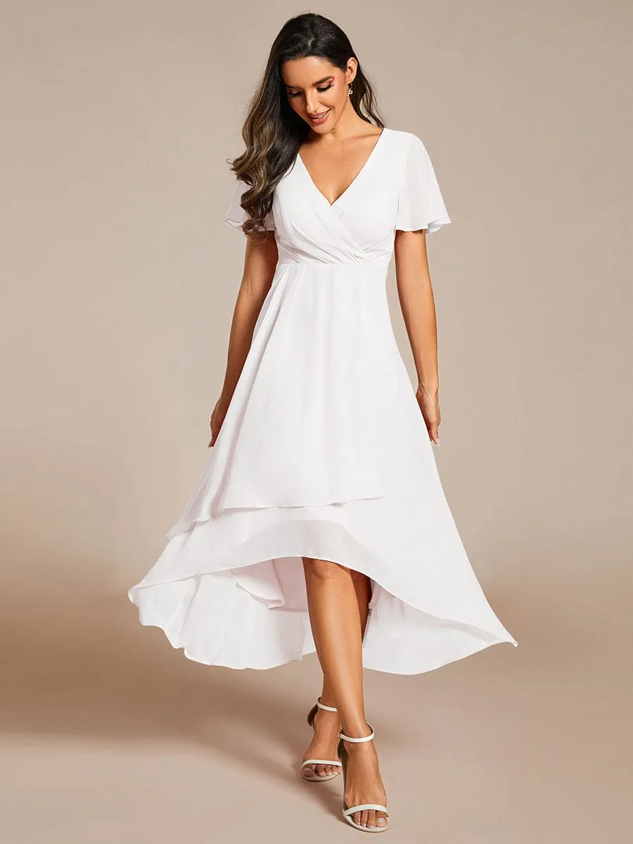 Custom Size Ruffles Sleeve Pleated V-Neck A-Line Midi Chiffon Wedding Guest Dress