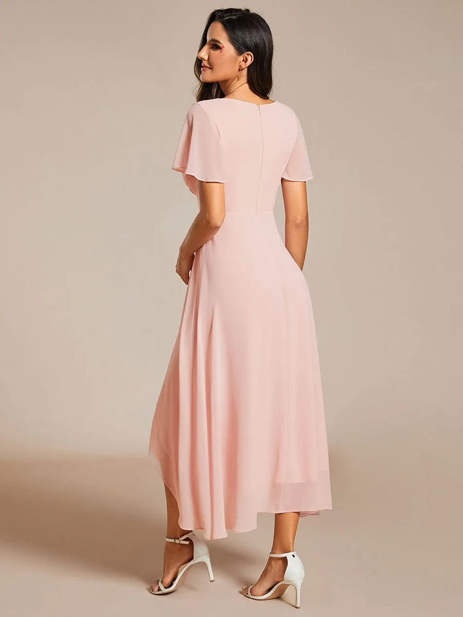 Custom Size Ruffles Sleeve Pleated V-Neck A-Line Midi Chiffon Wedding Guest Dress