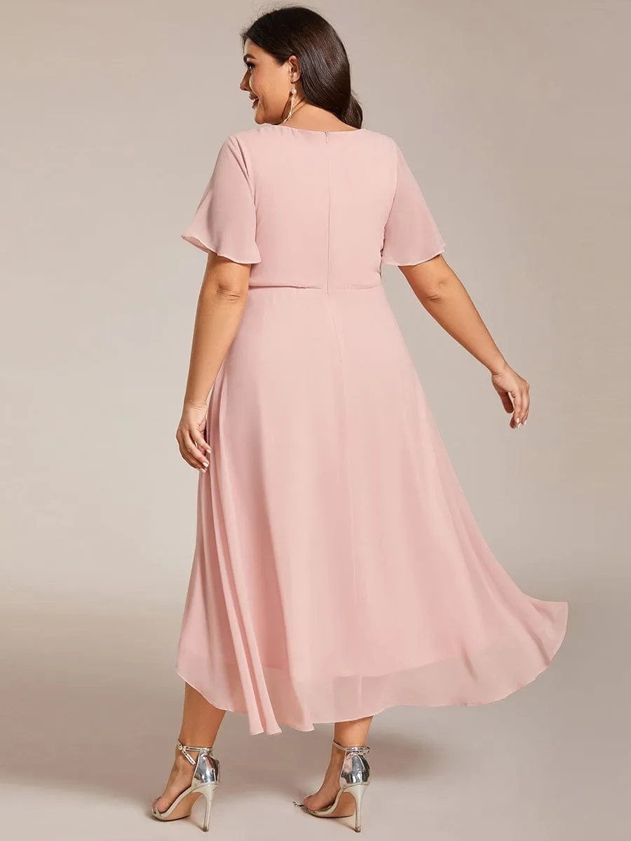 Custom Size Ruffles Sleeve Pleated V-Neck A-Line Midi Chiffon Wedding Guest Dress