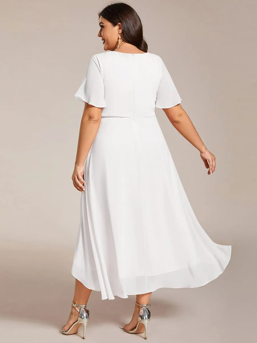 Custom Size Ruffles Sleeve Pleated V-Neck A-Line Midi Chiffon Wedding Guest Dress