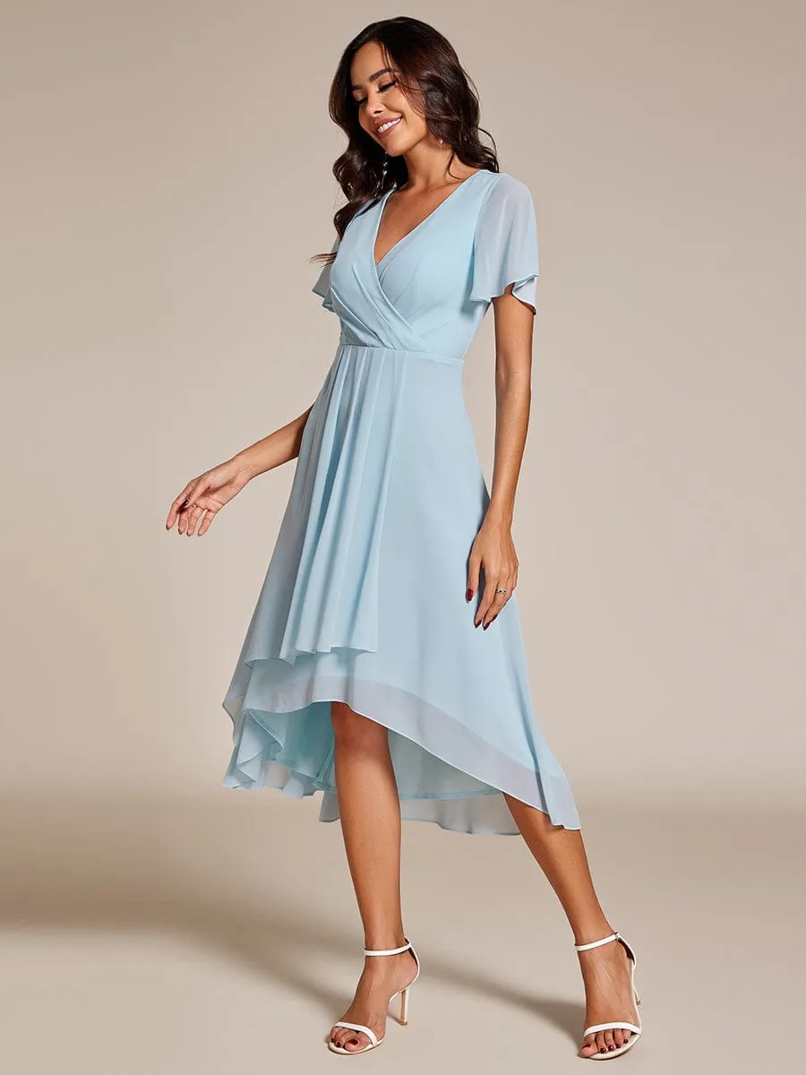 Custom Size Ruffles Sleeve Pleated V-Neck A-Line Midi Chiffon Wedding Guest Dress