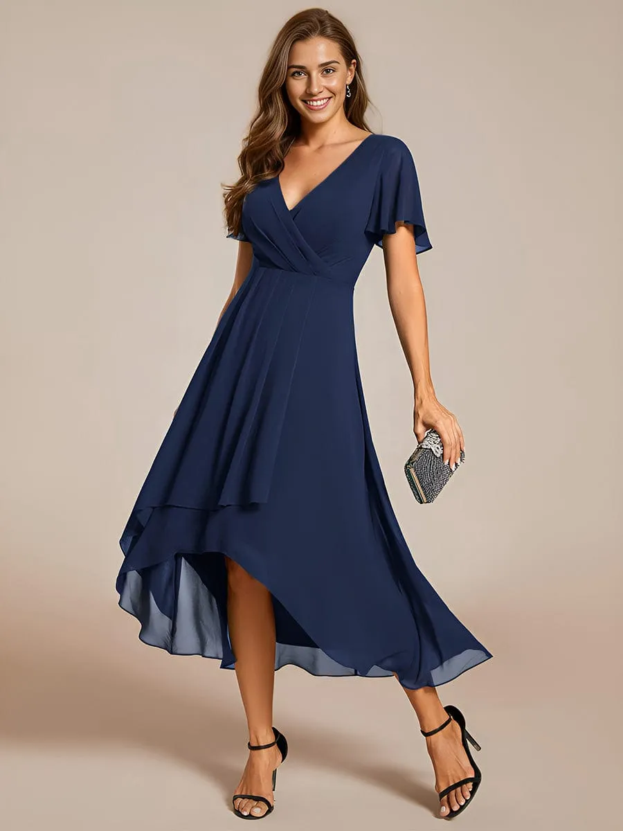 Custom Size Ruffles Sleeve Pleated V-Neck A-Line Midi Chiffon Wedding Guest Dress