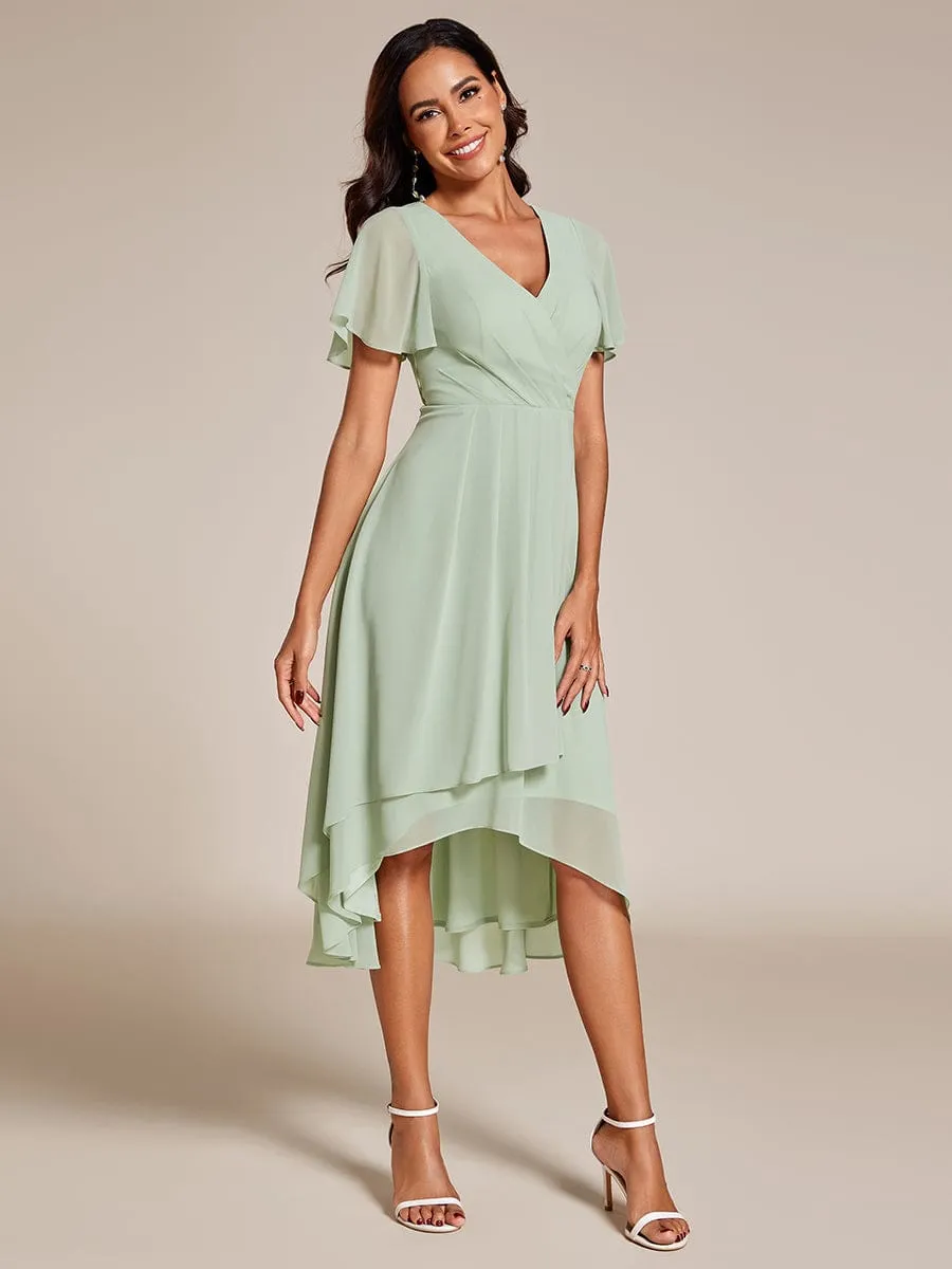 Custom Size Ruffles Sleeve Pleated V-Neck A-Line Midi Chiffon Wedding Guest Dress