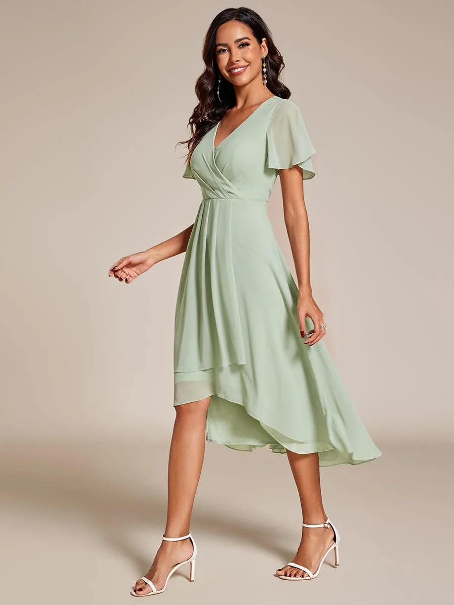 Custom Size Ruffles Sleeve Pleated V-Neck A-Line Midi Chiffon Wedding Guest Dress