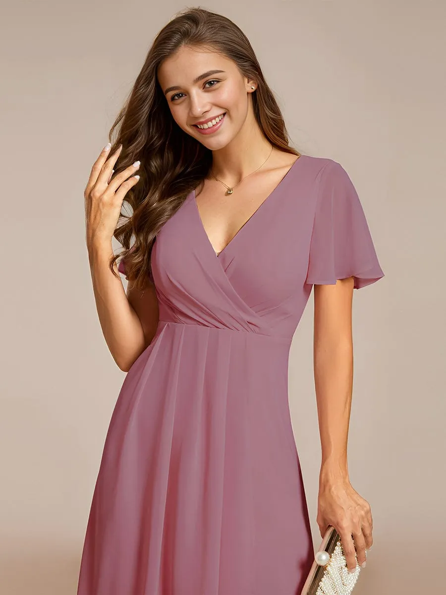 Custom Size Ruffles Sleeve Pleated V-Neck A-Line Midi Chiffon Wedding Guest Dress